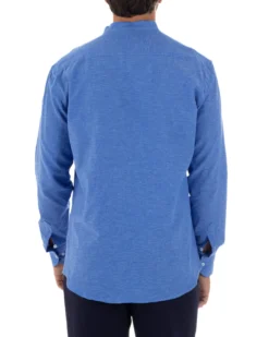 Camicia Uomo Lino Sartoriale Collo Coreano Melangiata Blu Royal C3004A