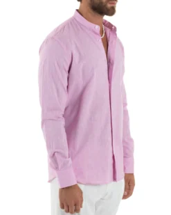 Camicia Uomo Lino Sartoriale Collo Coreano Melangiata Rosa C3008A