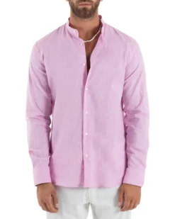 Camicia Uomo Lino Sartoriale Collo Coreano Melangiata Rosa C3008A