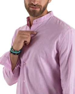 Camicia Uomo Lino Sartoriale Collo Coreano Melangiata Rosa C3008A