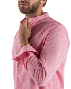 Camicia Uomo Lino Sartoriale Collo Coreano Melangiata Corallo C3009A