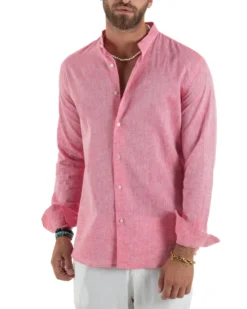 Camicia Uomo Lino Sartoriale Collo Coreano Melangiata Corallo C3009A