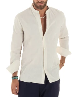 Camicia Uomo Lino Sartoriale Collo Coreano Melangiata Beige C3011A