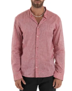 Camicia Uomo Lino Sartoriale Collo Coreano Melangiata Rosso C3003A