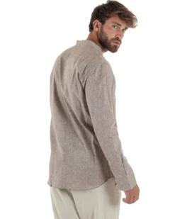 Camicia Uomo Lino Sartoriale Collo Coreano Melangiata Fango C3001A