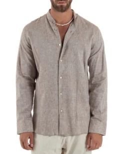 Camicia Uomo Lino Sartoriale Collo Coreano Melangiata Fango C3001A