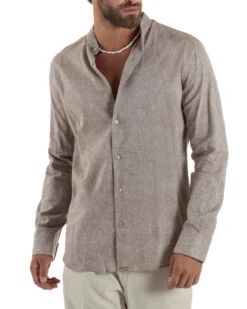 Camicia Uomo Lino Sartoriale Collo Coreano Melangiata Fango C3001A