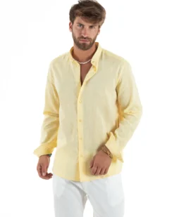 Camicia Uomo Lino Sartoriale Collo Coreano Melangiata Giallo C3007A