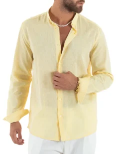 Camicia Uomo Lino Sartoriale Collo Coreano Melangiata Giallo C3007A