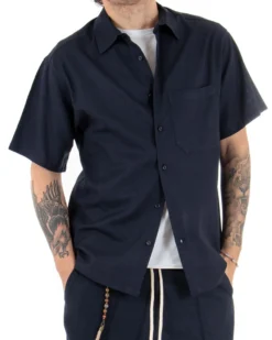 Camicia Uomo Manica Corta Lino Tinta Unita Blu Tasca Casual Colletto GIOSAL-CC1116A