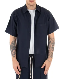 Camicia Uomo Manica Corta Lino Tinta Unita Blu Tasca Casual Colletto GIOSAL-CC1116A
