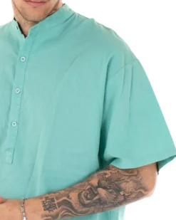 Camicia Uomo Manica Corta Tinta Unita Verde Acqua Collo Coreano Casual GIOSAL-CC1129A