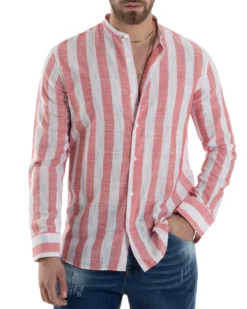 Camicia Uomo Manica Lunga A Righe Lino Collo Coreano Regular Fit Riga Larga Rosso GIOSAL-C2860A