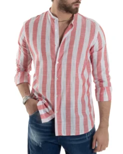 Camicia Uomo Manica Lunga A Righe Lino Collo Coreano Regular Fit Riga Larga Rosso GIOSAL-C2860A