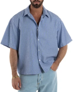 Camicia uomo maniche corte crop boxy fit quadri stampa retro blu GIOSAL-CC1228A