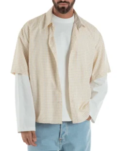 Camicia uomo maniche corte crop boxy fit quadri stampa retro beige GIOSAL-CC1229A