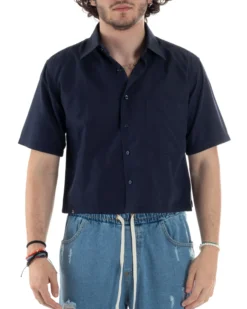 Camicia Uomo Maniche Corte Cropped Taschino Boxy Fit Blu CC1194A