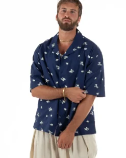 Camicia uomo maniche corte fantasia floreale ricamata collo rever blu GIOSAL-CC1234A