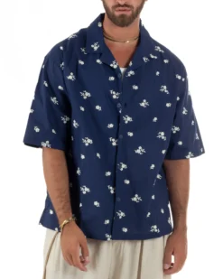 Camicia uomo maniche corte fantasia floreale ricamata collo rever blu GIOSAL-CC1234A