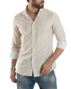 Camicia Uomo Maniche Lunghe Collo Francese Con Colletto Viscosa Regular Fit Riga Stretta Beige GIOSAL-C2856A