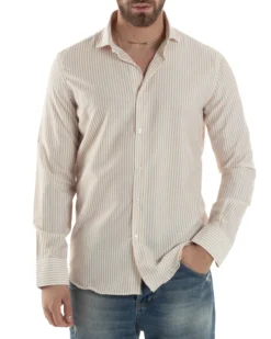 Camicia Uomo Maniche Lunghe Collo Francese Con Colletto Viscosa Regular Fit Riga Stretta Beige GIOSAL-C2856A