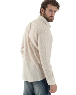 Camicia Uomo Maniche Lunghe Collo Francese Con Colletto Viscosa Regular Fit Riga Stretta Beige GIOSAL-C2856A