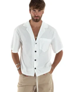 Camicia Uomo Mezze Maniche Nylon Casual Colletto Bowling Collo Con Rever Boxy Fit Tinta Unita Bianco GIOSAL-CC1206A