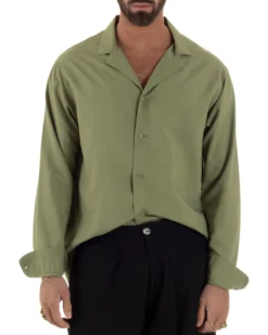 Camicia uomo oversize lino collo bowling relaxed fit scollo v verde oliva BERNA M-261223