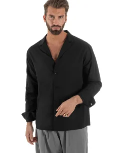 Camicia uomo oversize lino collo bowling relaxed fit scollo v nero BERNA M-261223