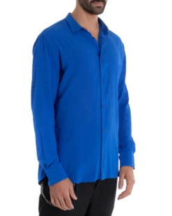 Camicia Uomo Sartoriale Con Colletto Maniche Lunghe Basic Viscosa Morbida Blu Royal GIOSAL-C2362A