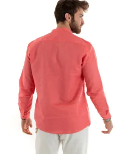 Camicia Uomo Serafino Casacca Manica Lunga Lino Tinta Unita Sartoriale Corallo GIOSAL-C2817A