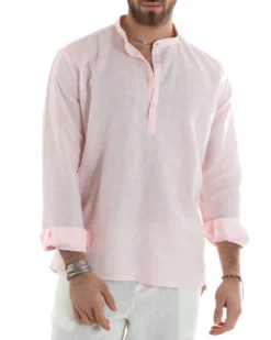 Camicia Uomo Serafino Casacca Manica Lunga Lino Tinta Unita Sartoriale Rosa GIOSAL-C2819A