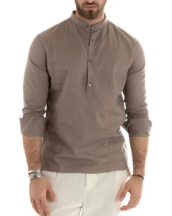 Camicia Uomo Serafino Casacca Maniche Lunghe Lino Tinta Unita Sartoriale Fango GIOSAL-C2807A