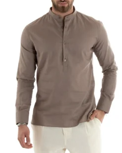 Camicia Uomo Serafino Casacca Maniche Lunghe Lino Tinta Unita Sartoriale Fango GIOSAL-C2807A