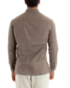 Camicia Uomo Serafino Casacca Maniche Lunghe Lino Tinta Unita Sartoriale Fango GIOSAL-C2807A
