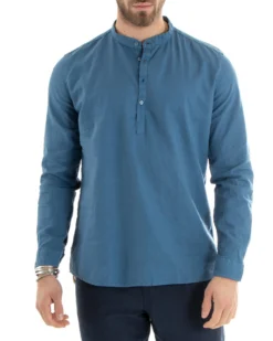 Camicia Uomo Serafino Casacca Maniche Lunghe Lino Tinta Unita Sartoriale Avio GIOSAL-C2809A