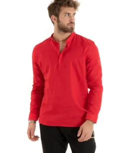 Camicia Uomo Serafino Casacca Maniche Lunghe Lino Tinta Unita Sartoriale Rosso GIOSAL-C2814A