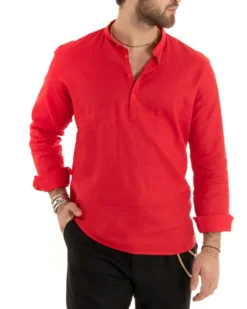 Camicia Uomo Serafino Casacca Maniche Lunghe Lino Tinta Unita Sartoriale Rosso GIOSAL-C2814A