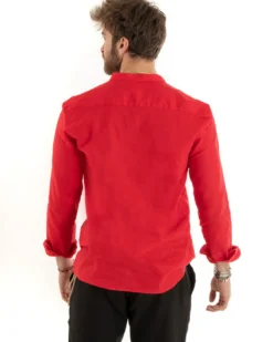 Camicia Uomo Serafino Casacca Maniche Lunghe Lino Tinta Unita Sartoriale Rosso GIOSAL-C2814A