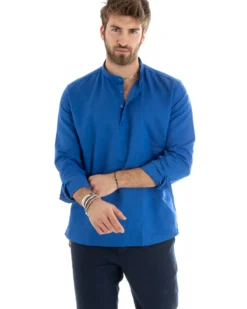 Camicia Uomo Serafino Casacca Maniche Lunghe Lino Tinta Unita Sartoriale Blu Royal GIOSAL-C2810A