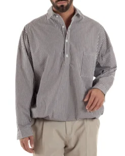 Camicia uomo serafino colletto crop rigata boxy fit tasca marrone GIOSAL-C3084A
