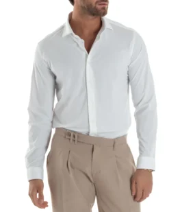 Camicia uomo tessuto no stiro basic colletto semi francese slim fit morbida bianco GIOSAL-C2962A