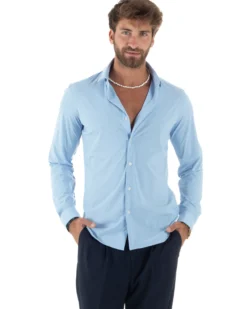 Camicia Uomo Tessuto No Stiro Basic Colletto Semi-Francese Slim Fit Morbida Celeste C2992A