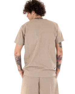 Camicia Uomo Tinta Unita Manica Corta Beige Serafino Girocollo Casual GIOSAL-CC1131A