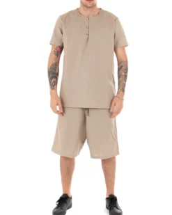 Camicia Uomo Tinta Unita Manica Corta Beige Serafino Girocollo Casual GIOSAL-CC1131A