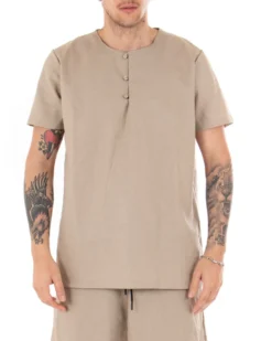 Camicia Uomo Tinta Unita Manica Corta Beige Serafino Girocollo Casual GIOSAL-CC1131A