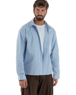 Camicia uomo unisex crop long sleeve boxy fit rigata celeste GIOSAL-C3081A