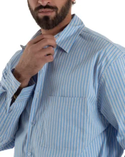 Camicia uomo unisex crop long sleeve boxy fit rigata celeste GIOSAL-C3081A