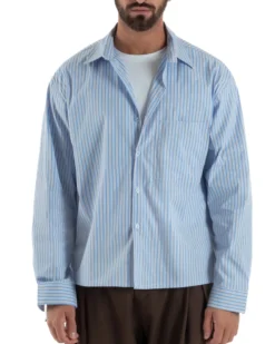 Camicia uomo unisex crop long sleeve boxy fit rigata celeste GIOSAL-C3081A