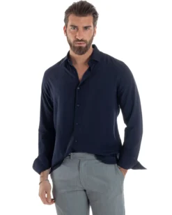 Camicia Uomo Viscosa Morbida Collo Francese Sartoriale Relaxed Fit Blu C2924A